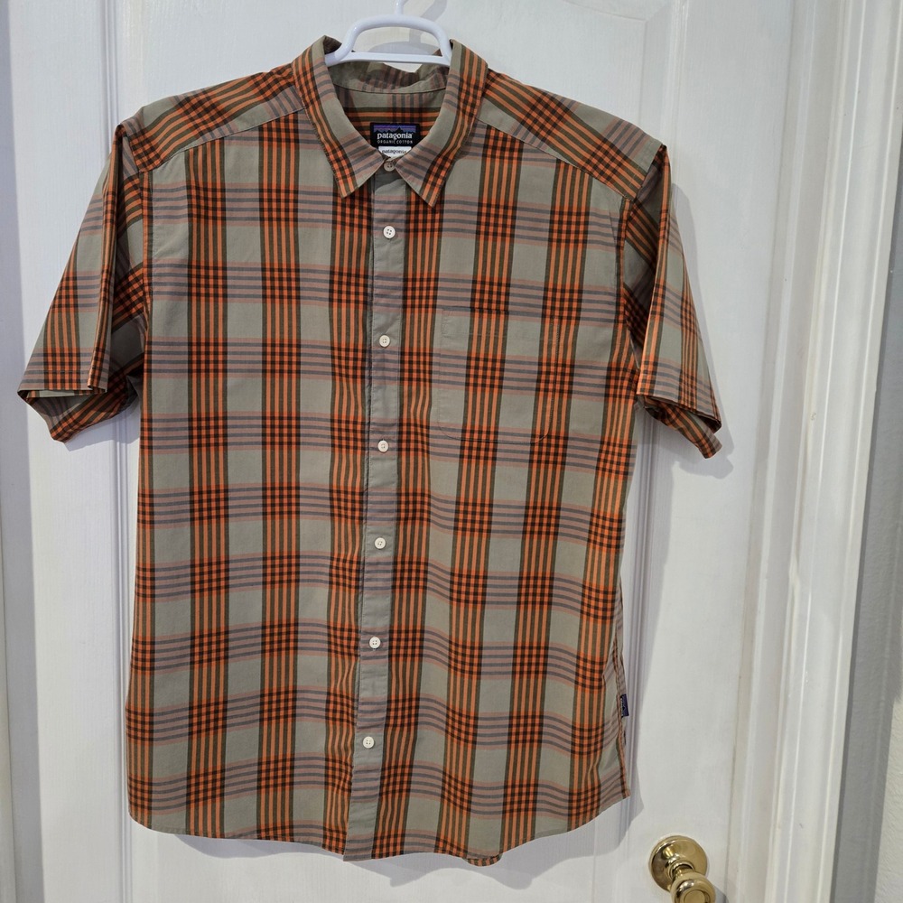 Patagonia Plaid Button Down Shirt Mens XL Orange Grey Cotton Short Sleeve